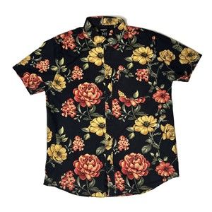 Forever 21 Mens Size M Black Orange Floral Button Up Short Sleeve Hawaiian Luau